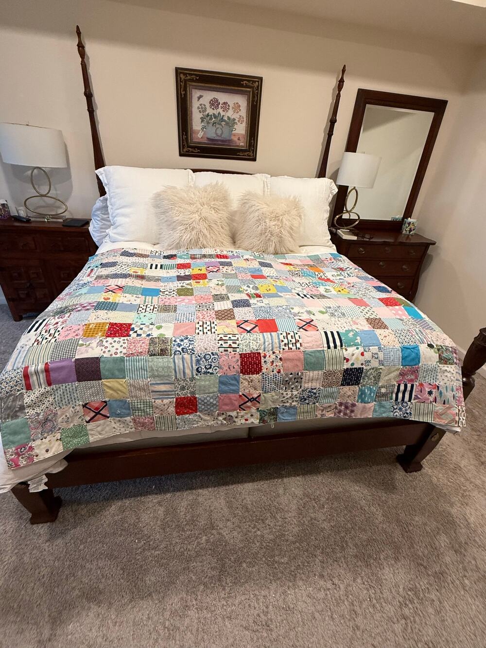 Handmade vintage-style Patchwork quilt Multi-Color Postage Stamp style Cottage
